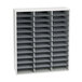 A white and grey rectangular Fellowes literature organizer with 36 sections.