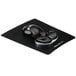 A Fellowes black mouse pad with a black and silver computer mouse on it.