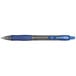A close-up of a Pilot G2 blue gel pen with a translucent smoke barrel and silver tip.