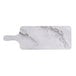 A white marbled melamine serving board with a handle.