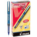 A box of 12 Pilot Precise V5 blue ink roller ball stick pens with blue barrels.