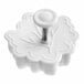 A white plastic leaf-shaped plunger cutter with a spring mechanism.