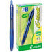 A Pilot G-Knock BeGreen blue pen next to its blue packaging.