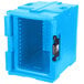 A blue plastic Cambro Ultra Pan Carrier with a door open.