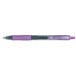 A close-up of a Pilot G2 purple gel pen with a translucent barrel and black ink tip and purple ink tip.