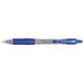 A close-up of a Pilot G2 blue pen with a translucent barrel, silver tip, and blue cap.