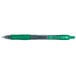 A green Pilot G2 pen with a black tip and translucent barrel.