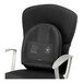 A black chair with a Fellowes black backrest and seat.