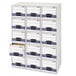 A white Bankers Box storage drawer with blue lettering.