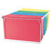 A group of colorful Universal steel hanging file folders in a wire rack.