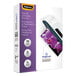 A purple and white Fellowes box of 150 white laminating pouches.