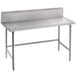 A stainless steel Advance Tabco work table with a long top and a backsplash.