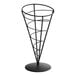 A black metal cone basket with a spiral design.