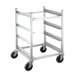 A silver metal Channel glass rack cart with four shelves on wheels.