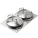 A Vollrath stainless steel adapter plate holding two large casserole pans.