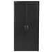 A black steel HON storage cabinet with silver handles on the doors.