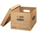 A brown Banker's Box small moving box with blue text.