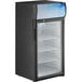 An Avantco black glass door countertop refrigerator.