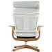 The back of a Eurotech Nuvem white leather office chair with teak wood finished arms.