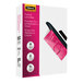 A pink box of Fellowes laminating pouches with a label.