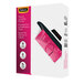 A pink and white box of 50 Fellowes clear thermal laminating pouches.