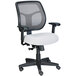 A white office chair with black mesh back, arms, and wheels.