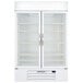 A Beverage-Air white refrigerated glass door merchandiser with two shelves.