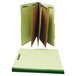 A brown file folder with green edges and three different colored papers inside.