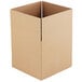 A close-up of an 18" x 18" x 16" Kraft cardboard shipping box with a corner cut out.