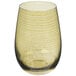 A close up of a Stolzle olive stemless wine glass with a stripe pattern.