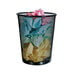 A black Universal mesh metal wastebasket filled with colorful crumpled paper.
