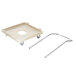 A beige plastic tray with swivel casters and a metal rod.
