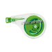 A clear Universal tape dispenser with a green wheel and green and white correction tape inside.