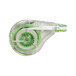 A clear tape dispenser with green and white correction tape inside.