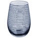 A close-up of a Stolzle smoky blue stemless wine glass with a wavy spiral design.