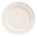 A close up of a Libbey Basics Orbis medium rim porcelain plate with swirls on it.
