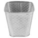 A silver stainless steel square fry cup with a white background.