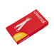 A red box with white text and silver metal straps containing Universal 1" Paper File Fasteners.