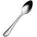 A close-up of a Bon Chef stainless steel demitasse spoon with a silver handle.