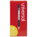 A box of 12 Universal Economy Black Ink Retractable Ballpoint Pens with clear barrels and yellow and red labels.