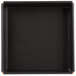 A black square non-stick cake pan with a steel edge.