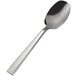 A Bon Chef soup/dessert spoon with a silver handle.