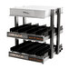 A Global Solutions heated countertop shelf with two black trays on it.
