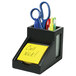 A Victor midnight black wood desk organizer with a yellow note pad and scissors.