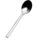 A close-up of a Bon Chef stainless steel teaspoon with a black handle.