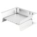 A silver metal Vollrath hinged dome cover on a stainless steel tray.