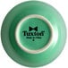 A green bouillon cup with a black Tuxton label.