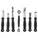 A row of Dexter-Russell garnishing tools with black handles in a black bag.