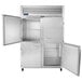 A white Traulsen 2 section reach-in refrigerator with left and right doors open.