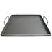A rectangular metal griddle plate with handles.